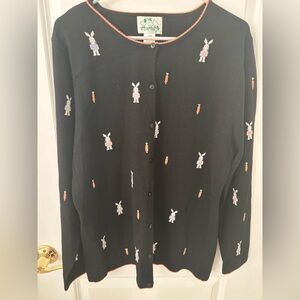 Vintage Quacker Factory Black Pink Purple Rabbit Button Down Knit Cardigan L